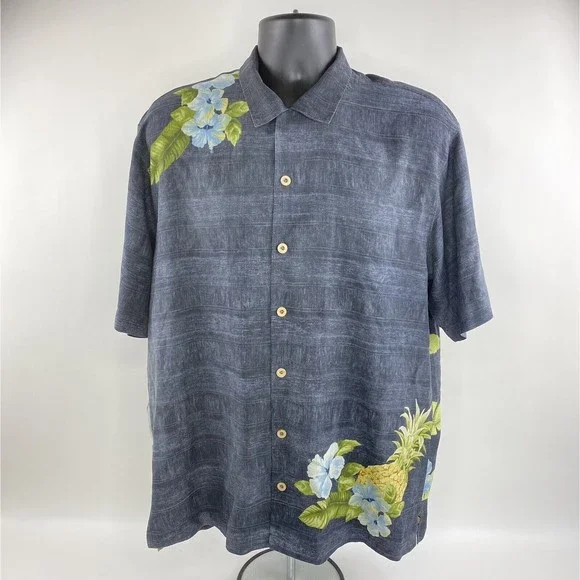 Tommy Bahama Hawaiian Silk Shirt Mens Large Pineapple Pin Up Girl Short Sleeve - Picture 1 of 9